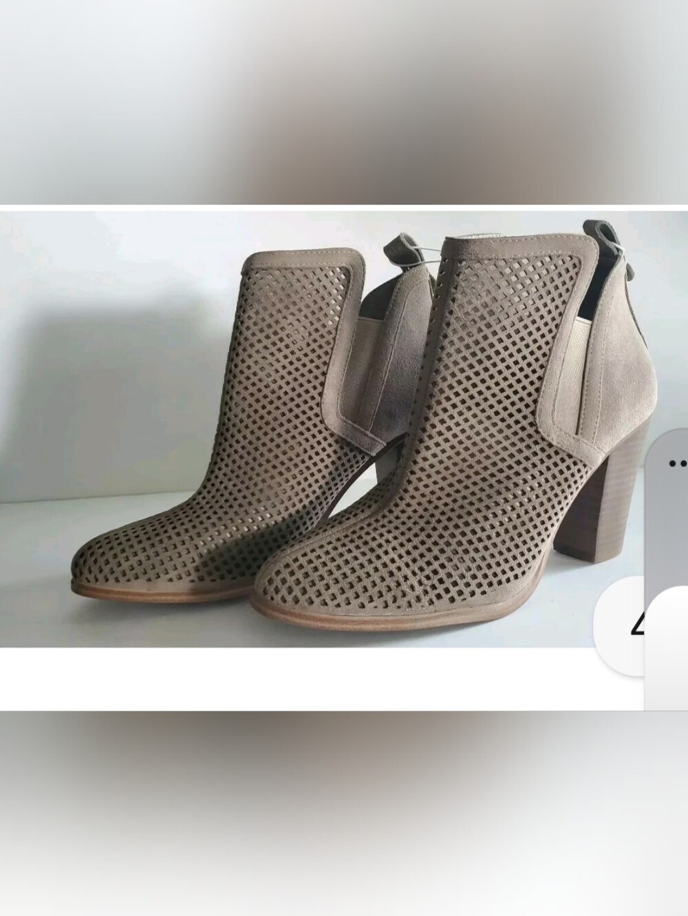 Vince Camuto Tan Perforated Suede Block Heel Ankle Booties Size 8 EUC